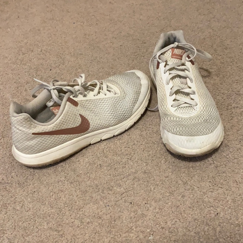 White and Rose Gold Nike Flex Tennis Shoes